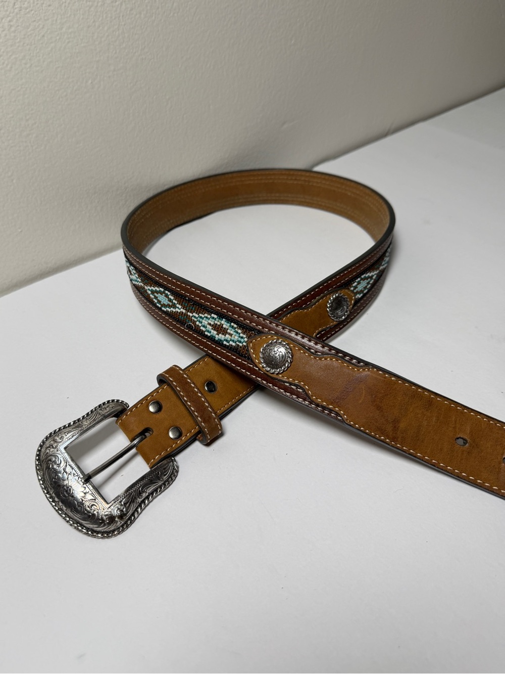 Nocona Brown Leather Beaded Western Belt Turquoise Blue Concho Boho Cowgirl 38